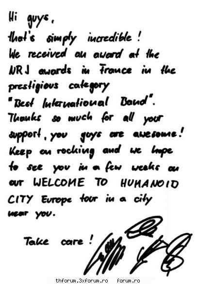 Scrisoare de multumire! - TH au multumit fanilor pentru ca i-au votat la - ♥T0K!0~H0T3L♥